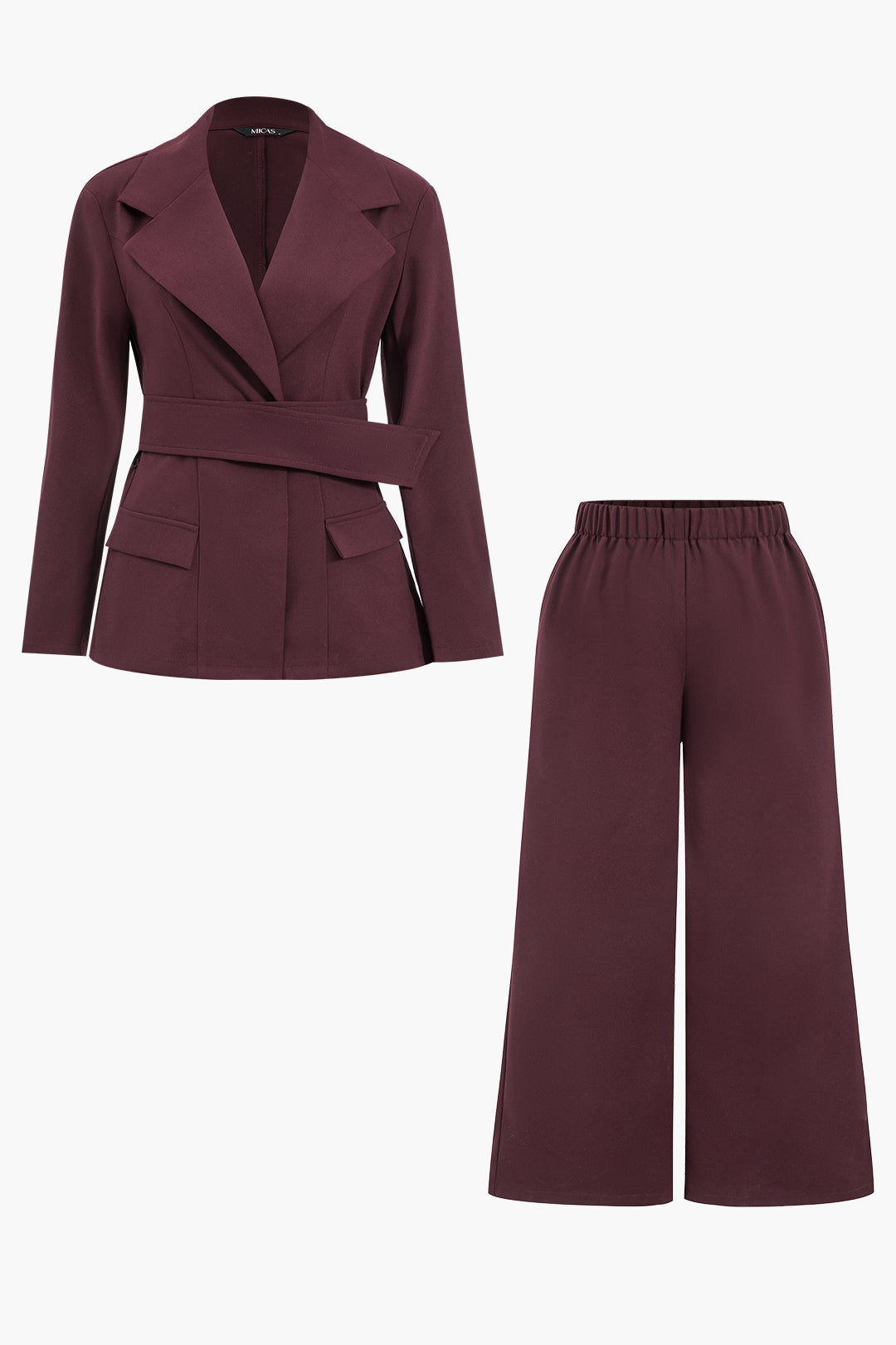 Plus Size Belted Blazer and Wide-Leg Pants Set