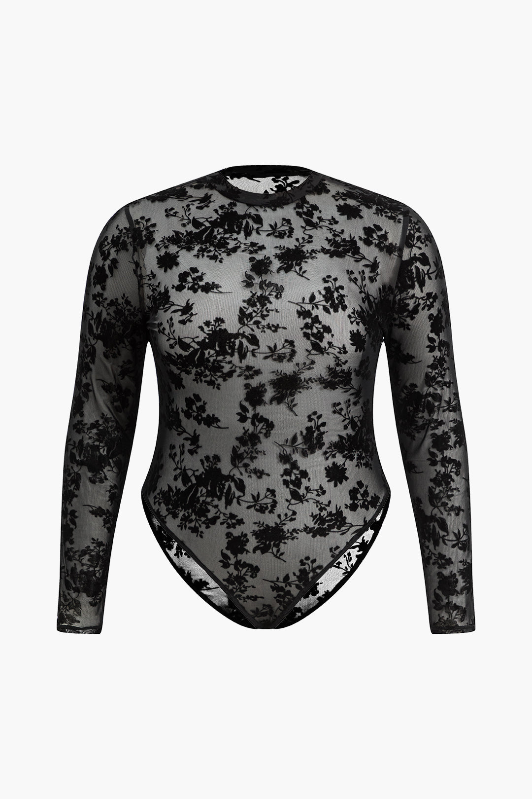 Plus Size Floral Mesh Long-Sleeve Bodysuit